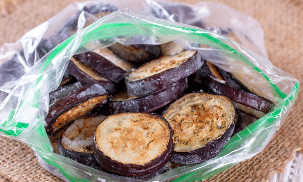 Sliced aubergine frozen in a bag