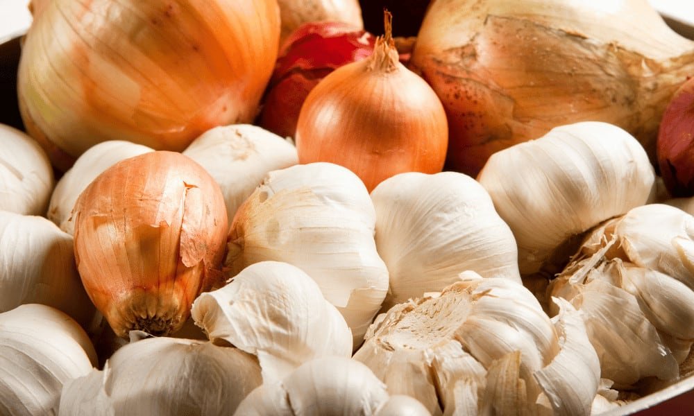 Pile of Garlic and Onion Bulbs