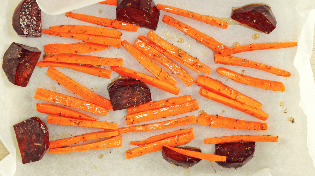 Honey Roasted Beets and Carrots by Freeze It arrange on tray