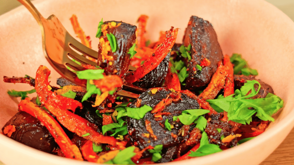 Honey Roasted Beets and Carrots by Freeze It garnished to eat 1